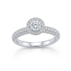A detailed, top-down view of polished 18ct white gold engagement ring featuring a prominent round brilliant-cut center diamond 0248ct surrounded by a detailed halo of smaller round diamond. The half round band is intricately covered in three rows of pave-set small round diamonds (84 total, 0.45ct) creating a sparkling, cohesive design.