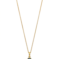 18ct. Yellow Gold handcrafted teardrop pendant featuring a dark opal with rich, deep emerald green and royal blue iridescence. The pendant is suspended from a 9ctct yellow gold Rolo chain, 45cm with a 42 cm station.