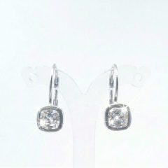 A pair of silver-toned drop earrings with cushion-cut cubic zirconia stones.