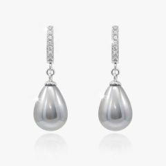 Pair of sterling silver drop earrings featuring light grey teardrop shell pearls suspended from a single row of sparkling cubic zirconia set in silver.