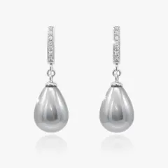 Pair of sterling silver drop earrings featuring light grey teardrop shell pearls suspended from a single row of sparkling cubic zirconia set in silver.