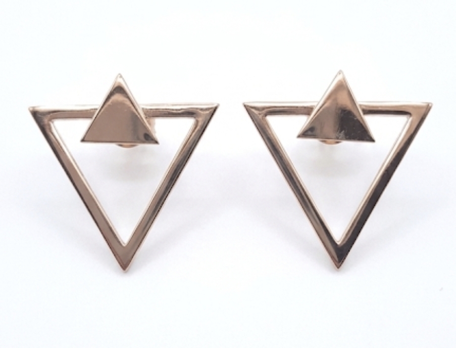 A pair of geometric, rose gold-plated stud earrings featuring a double-triangle design. two in one earring with push on butterflies.