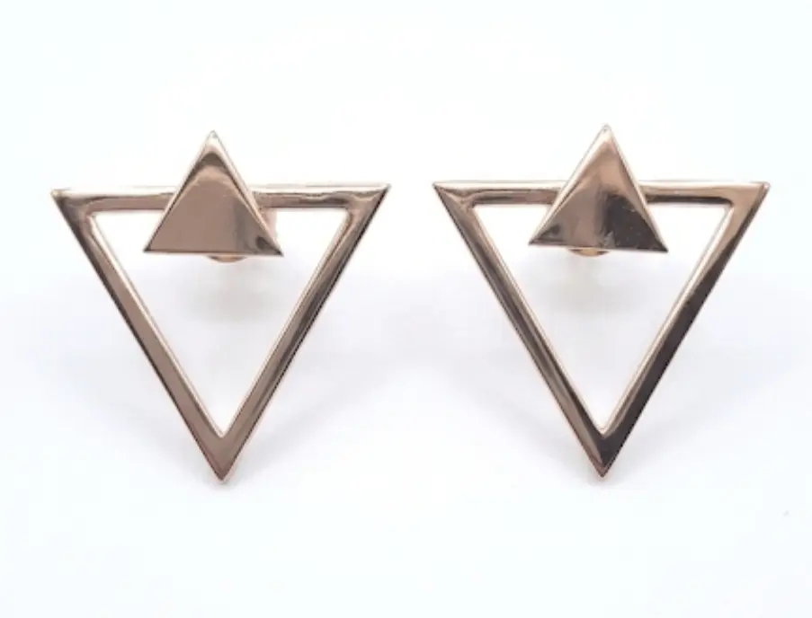 A pair of geometric, rose gold-plated stud earrings featuring a double-triangle design. two in one earring with push on butterflies.