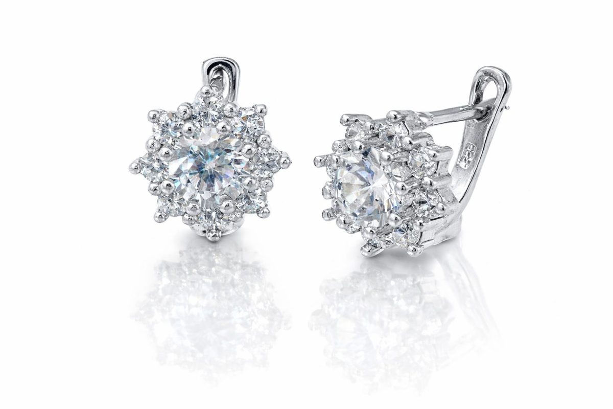 A pair of sterling silver with sparkling Cubic Zirconia cluster stud earrings.