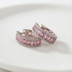 Pink baguette and white cz huggie hoop earrings for woman