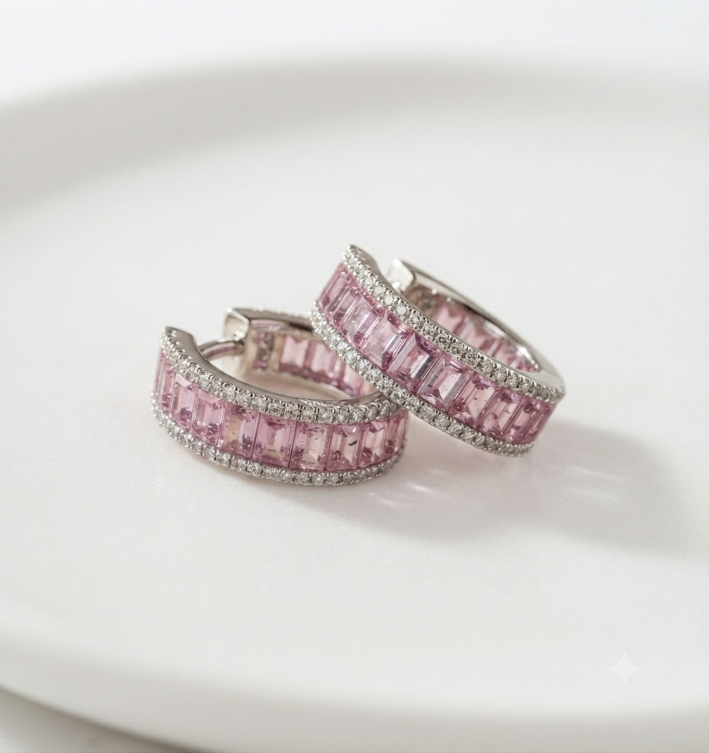 Pink baguette and white cz huggie hoop earrings for woman