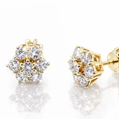 Pair of 9ct yellow gold diamond cluster stud earrings displayed on a pristine white background. Each earring features seven round brilliant-cut diamonds arranged in a floral pattern, radiating icy sparkle and clarity. The polished gold prongs and screw-back posts gleam softly, enhancing the luxurious, luminous presentation.”