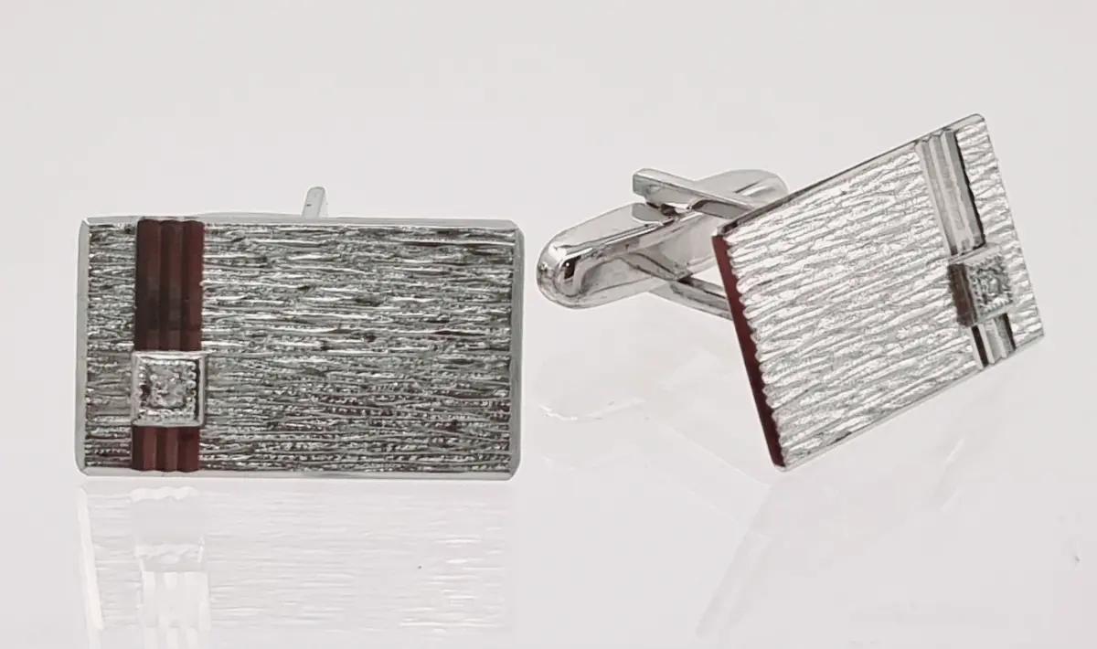 Men's 14ct white gold diamond cufflinks; rectangular geometric design with brushed and polished textures; 0.04ct total diamond weight luxury jewelry.