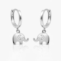 Pair of sterling silver huggie hoop earrings featuring polished elephant charms facing each other.