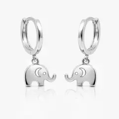 Pair of sterling silver huggie hoop earrings featuring polished elephant charms facing each other.