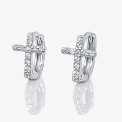 Pair of sterling silver huggie hoop earrings featuring cross motifs encrusted with brilliant cubic zirconia stones.