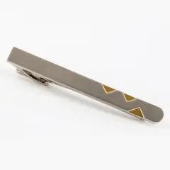 Men’s two-tone stainless steel tie bar; three gold-plated triangle design with a mix of brushed and polished finishes; luxury designer-style accessory.