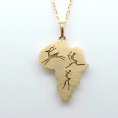 Crafted in 9ct yellow gold, this map-of-Africa pendant features detailed cut-out artwork depicting classis San rock art motifs-a jumping buck and traditional figures. Featuring a subtle brushed finish that catches the light, it hangs elegant from a 9ct matching fine gold chain.