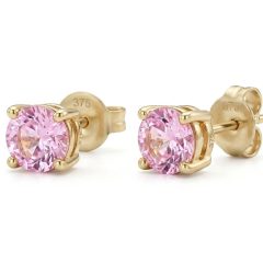 1777365123799 Pair of round-cut soft pink sapphire stud earrings set in 9ct. Yellow gold four-claw mountings.