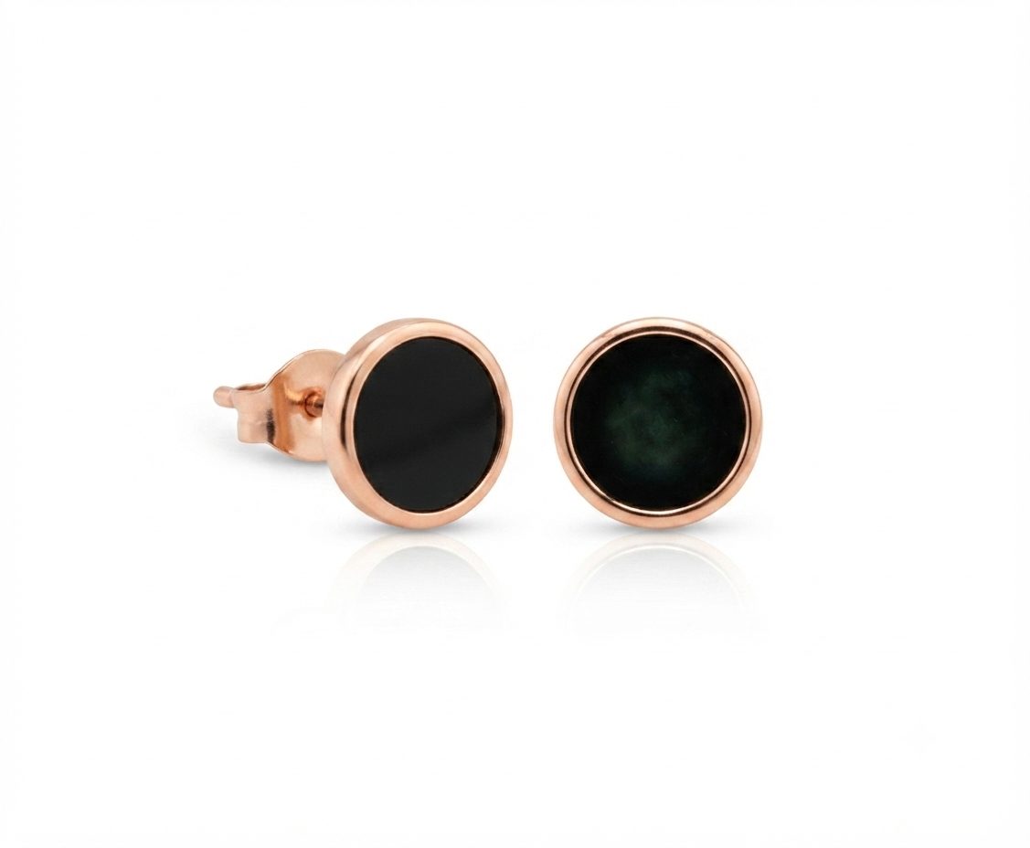 Rose Gold stud earrings with black round onyx gemstone and push on butterflies.