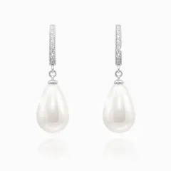 Pair of sterling silver drop earrings featuring lustrous white teardrop shell pearls suspended from cubic zirconia‑encrusted silver bails.