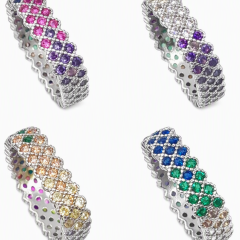 Dalyne20260928_165100 Sterling silver eternity ring with square‑set cubic zirconia stones in multiple colors, displayed from four angles to show each side of the design — creating the effect of four rings in one.