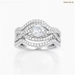 Elegant silver wedding set featuring a round brilliant‑cut cubic zirconia center stone surrounded by a double halo of smaller CZs, with intertwined pavé bands creating a sparkling, sophisticated design.