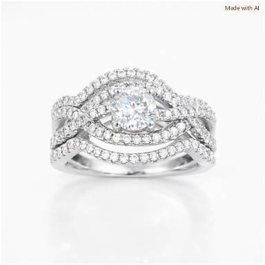 Elegant silver wedding set featuring a round brilliant‑cut cubic zirconia center stone surrounded by a double halo of smaller CZs, with intertwined pavé bands creating a sparkling, sophisticated design.