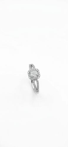 Women's sterling silver halo ring with a rectangle emerald-cut clear cubic zirconia center stone, micro-pave halo, and split-shank band set with round accent stones.