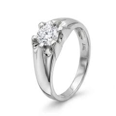 Stering silver solitair engagement ring with round center cubic zirconia-style stone in a decorative claw setting on a sleek silver band.