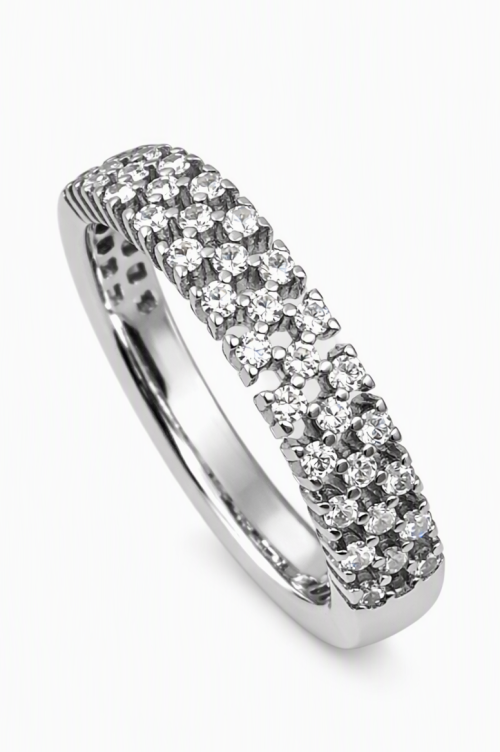 The sterling silver CZ ring is a timeless half‑eternity design crafted for everyday elegance. Made from premium 925 sterling silver, this ring features three rows of brilliant cubic‑zirconia stones, creating a sparkling band that catches the light from every angle. Its refined profile makes it perfect for stacking, gifting, or wearing as a classic statement piece.