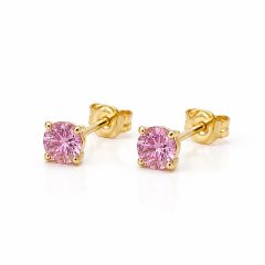 Pair of 9ct. Yellow gold stud earrings featuring roundpink sapphires in four-prong settings, shown with butterfly backs.