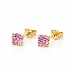 Pair of 9ct. Yellow gold stud earrings featuring roundpink sapphires in four-prong settings, shown with butterfly backs.