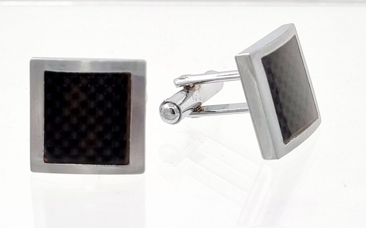 Men’s 15×15 mm square cufflinks, black and grey resin architectural inlay, formal shirt accessories.