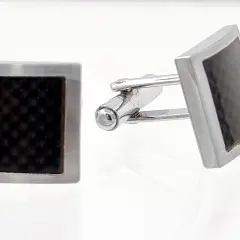 Men’s 15×15 mm square cufflinks, black and grey resin architectural inlay, formal shirt accessories.