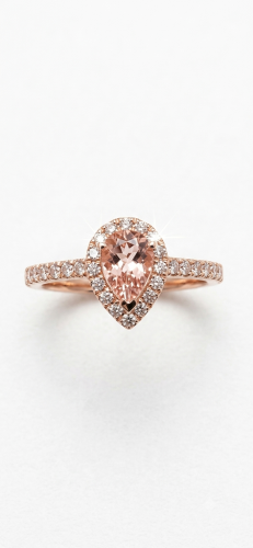 Fine jewellery pear-shaped blush pink morganite engagement ring featuring a sparkling lab diamond band set in rose gold.