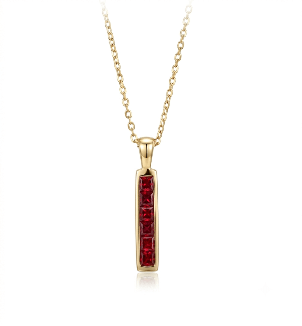 9ct. Yellow Gold vertical bar set with square Rubies, dangling on a 9ct. Yellow Gold chain.