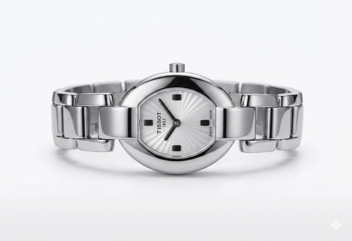 A silver-toned Tissot 1853 woman's wristwatch featuring an oval case, a sunburst patterned dial, and a polished metal link bracelet.