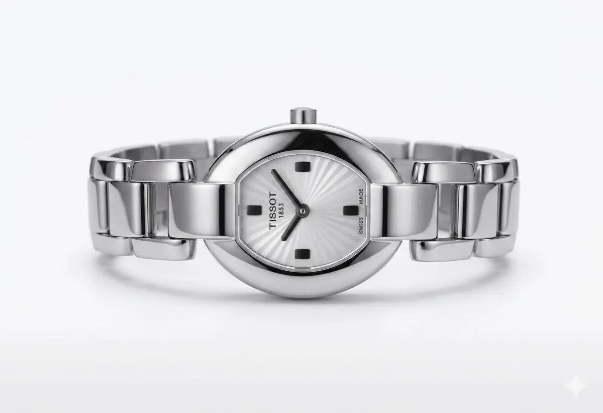 A silver-toned Tissot 1853 woman's wristwatch featuring an oval case, a sunburst patterned dial, and a polished metal link bracelet.
