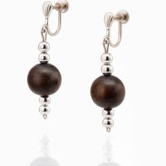 Elegant silver roll‑on earrings featuring polished silver beads and natural dark wood grain balls.