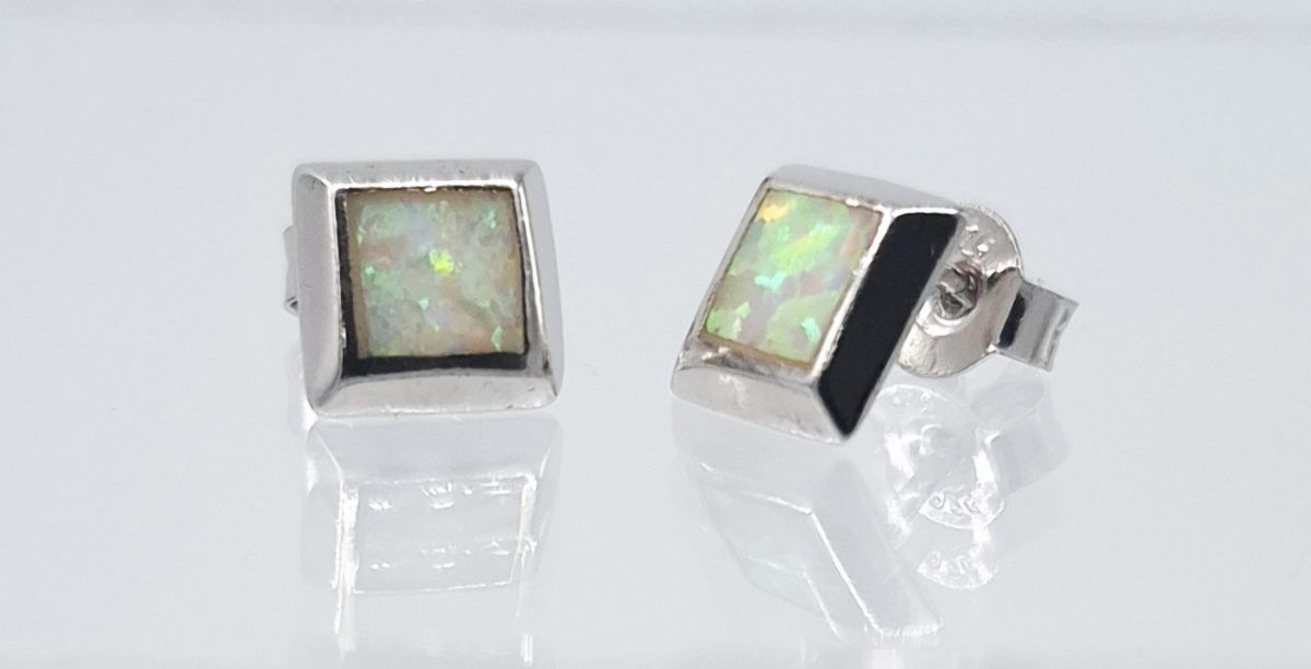 Sterling Silver studs with square Reconstructed Opal and push on butterflies
