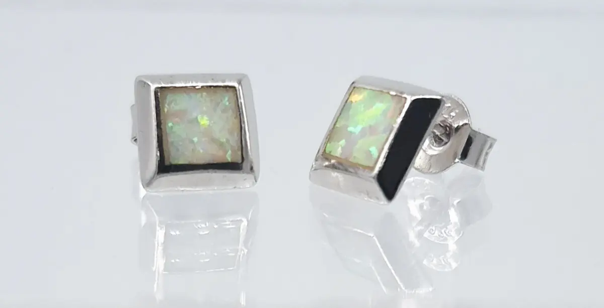 Sterling Silver studs with square Reconstructed Opal and push on butterflies