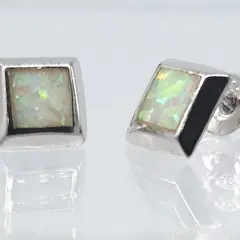 Sterling Silver studs with square Reconstructed Opal and push on butterflies