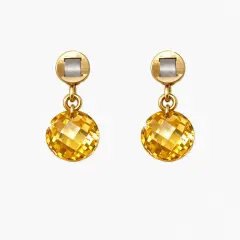 Pair of 9ct white and yellow gold stud earrings featuring round checkerboard‑cut citrine gemstones that shimmer with warm golden facets.