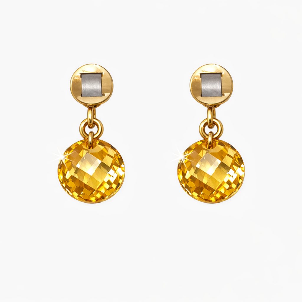 Pair of 9ct white and yellow gold stud earrings featuring round checkerboard‑cut citrine gemstones that shimmer with warm golden facets.