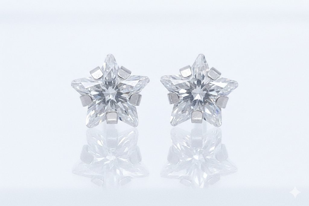 9ct White gold star shaped Cubic Zirconia with push on butterflies