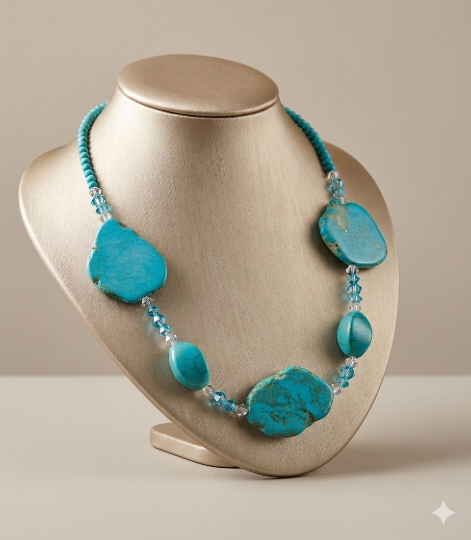 A beautiful Howlite turquoise colour and crystal beaded necklace. It features large, irregularly shaped tuquoise stones accented by smaller, faceted clear crystals an turquoise colour Howlit beads.