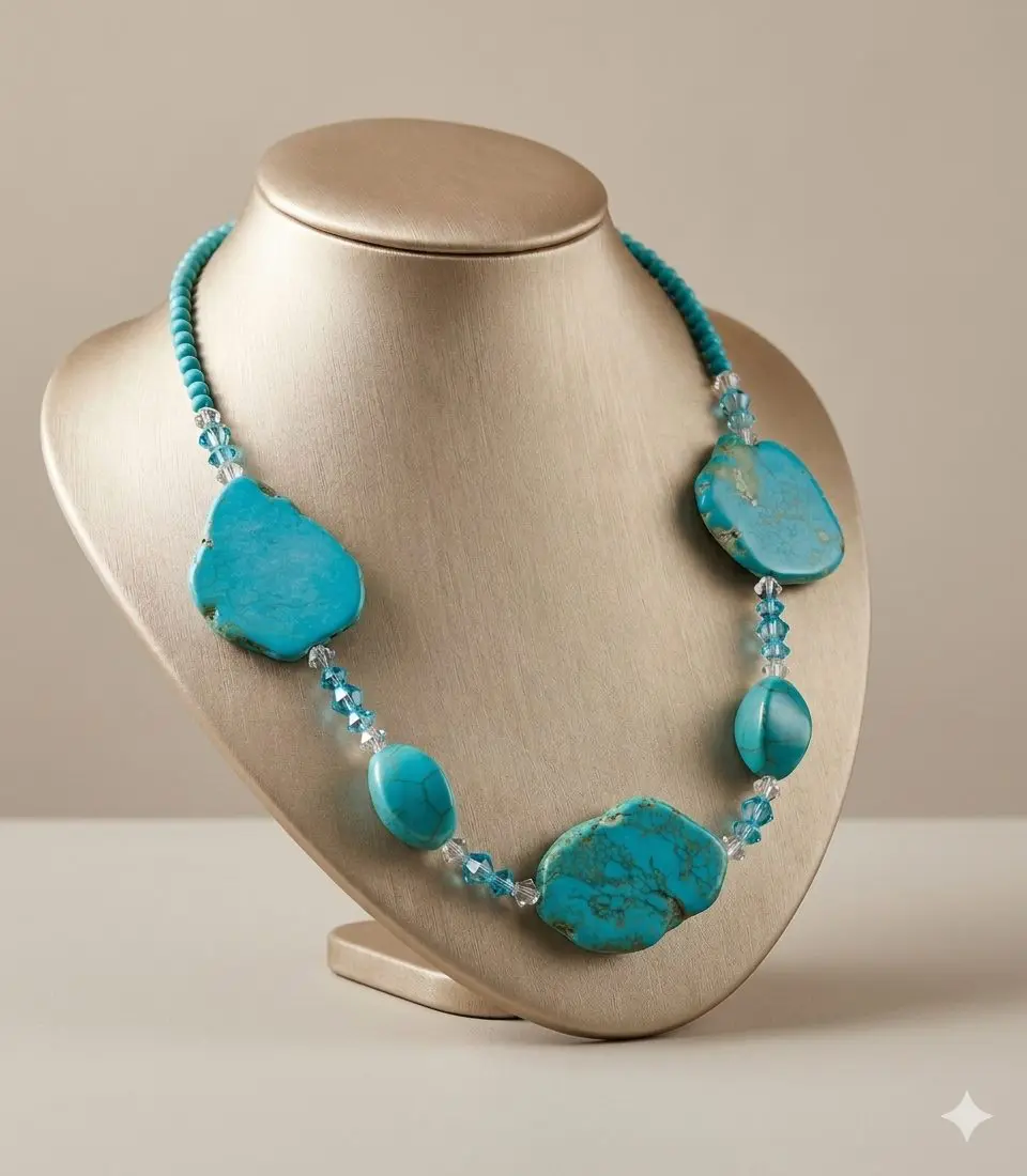 A beautiful Howlite turquoise colour and crystal beaded necklace. It features large, irregularly shaped tuquoise stones accented by smaller, faceted clear crystals an turquoise colour Howlit beads.