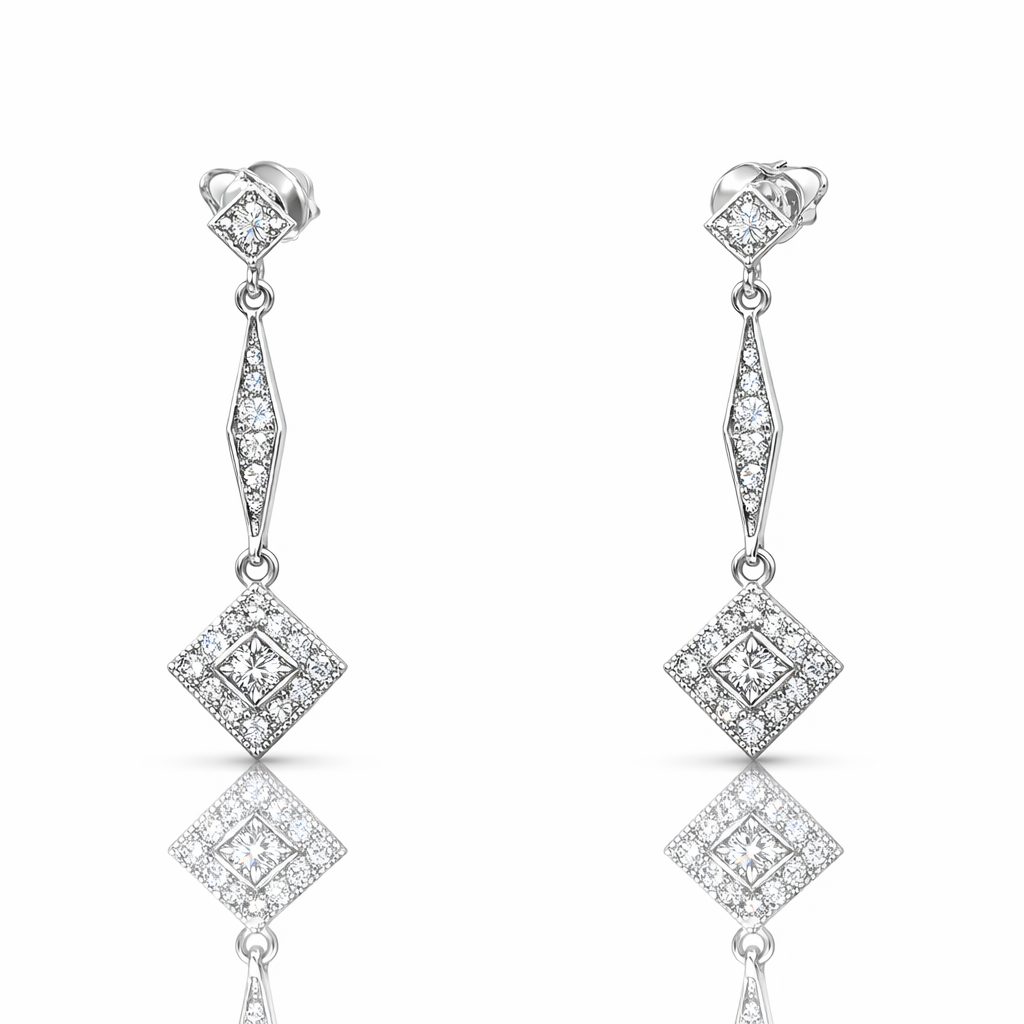 Exquisite 14ct white gold dangling earrings featuring sparkling diamonds with cool, icy brilliance.