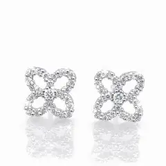 Pair of 18ct white gold diamond stud earrings shaped like delicate four-leaf clovers, each petal outlined with brilliant round-cut diamonds.