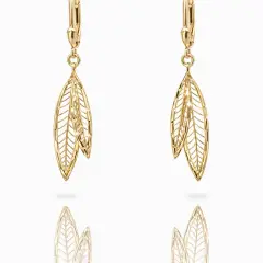 Elegant 9ct yellow gold dangling earrings featuring intricate leaf-shaped pendants with fine openwork detailing.