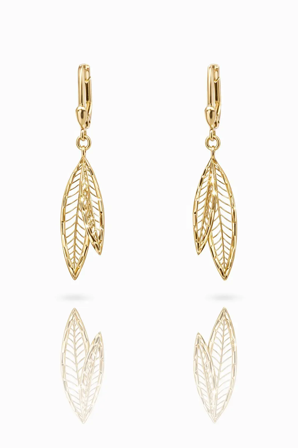 Elegant 9ct yellow gold dangling earrings featuring intricate leaf-shaped pendants with fine openwork detailing.