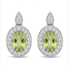 A pair of 9ct oval Peridot Gemstone 6.5x4.0mm, surrounded by 36 round diamonds set as pave and 4 round diamonds in a drop shaped stud with butterfly.