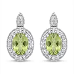 A pair of 9ct oval Peridot Gemstone 6.5x4.0mm, surrounded by 36 round diamonds set as pave and 4 round diamonds in a drop shaped stud with butterfly.