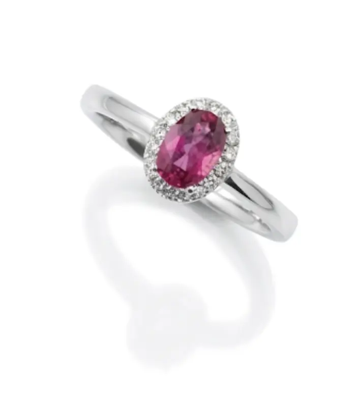 Screenshot_20260602_111729_Google 18ct. White Gold Oval Pink Tourmaline, surrounded by a halo of 16 round diamonds of 0.08ct.